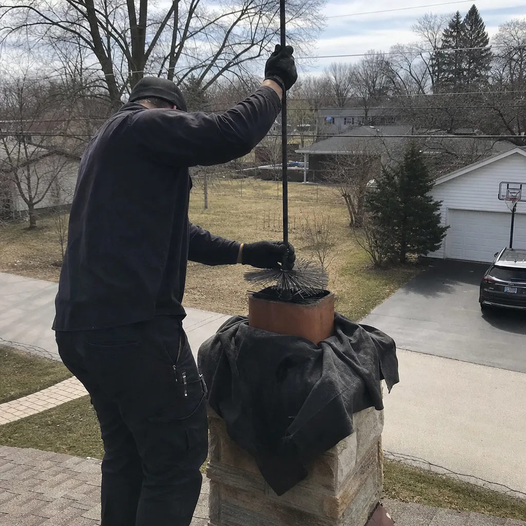 Professional chimney sweep cleaning a brick chimney from the roof