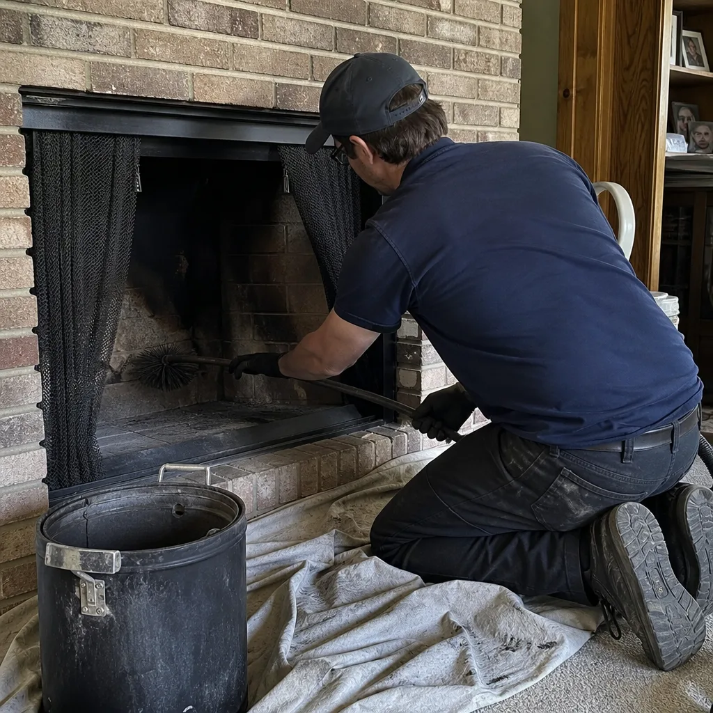 Professional chimney sweep cleaning a brick fireplace interior