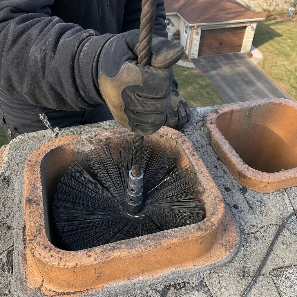 Professional chimney sweep cleaning a chimney flue with a wire brush.