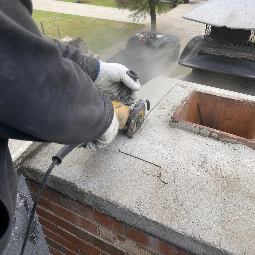 Professional using an angle grinder for chimney crown repair work