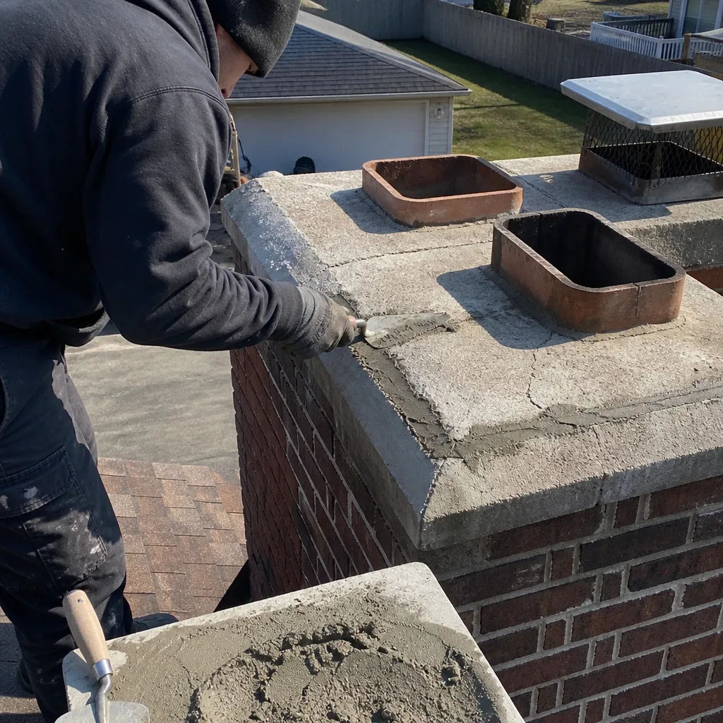 Professional technician repairing a brick chimney crown with fresh mortar
