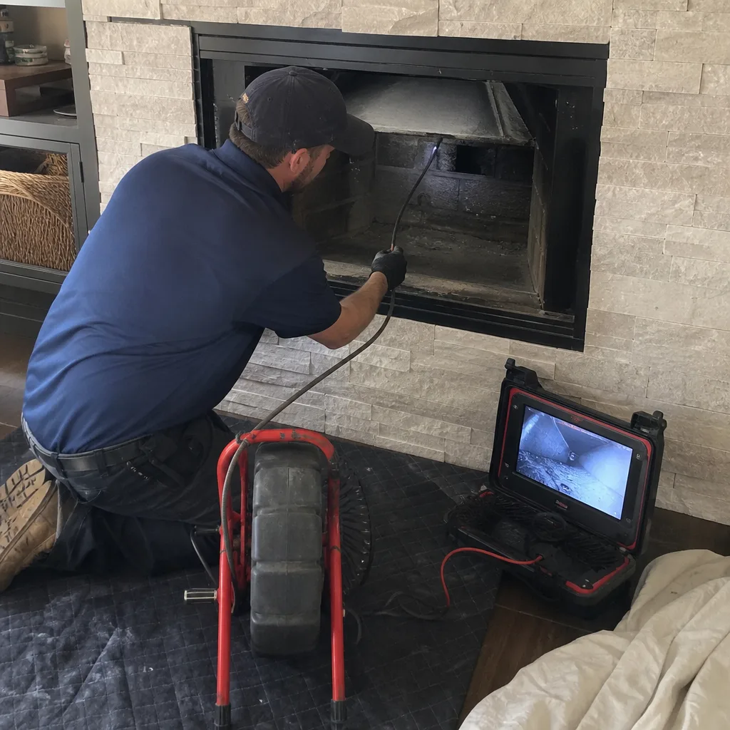 Professional technician performing a chimney and fireplace interior inspection